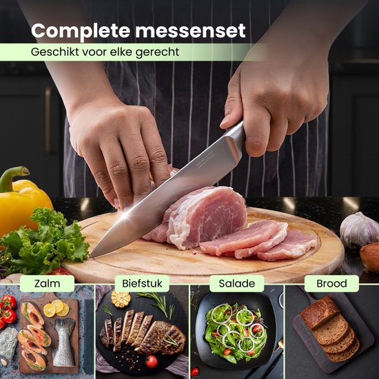 MoreCore Messerset mit Messerblock und Messerschärfer – Messerblock – Küchenmesser – Inklusive Küchenschere – Kochmesser – Kratzfest – Edelstahl – Silberfarben/Schwarz – Vatertagsgeschenk