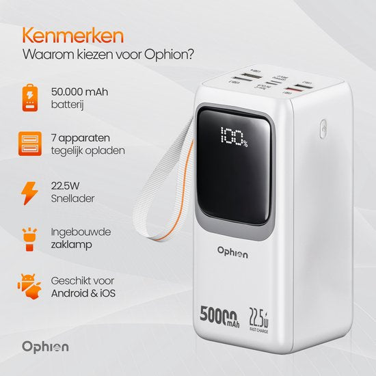 Ophion® Powerbank PRO 50.000 mAh – 7 Ladeanschlüsse – Quick Charge – Schnellladegerät mit 22,5 W für USB-C, USB-A, Micro-USB – inklusive Kabel – Notfall-Set – Weiß