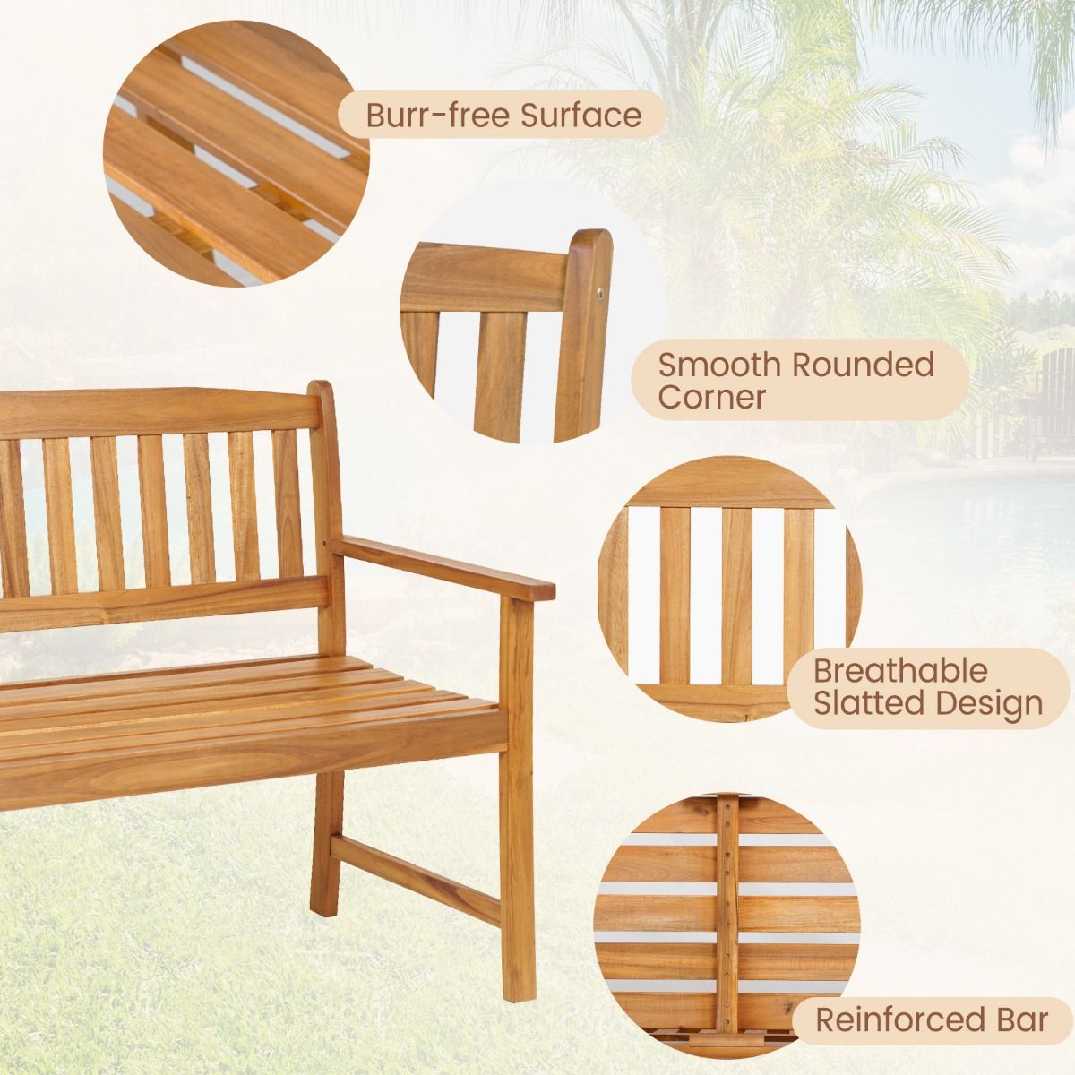 Coast Gartenbank – Massives Akazienholz – 2-Sitzer – Tragkraft bis zu 360 kg – Natur – 110 x 56,5 x 86 cm
