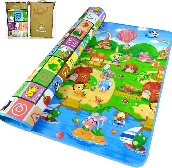 Maboshi Spielmatte - 180x200cm - in fröhlichen Farben - beidseitig bespielbar - Lauflernunterlage Krabbelunterlage - geeignet als Kinderkrabbeldecke - Yogamatte - Picknickdecke und Sportmatte - schützt vor Feuchtigkeit - Geschenke für Kinder