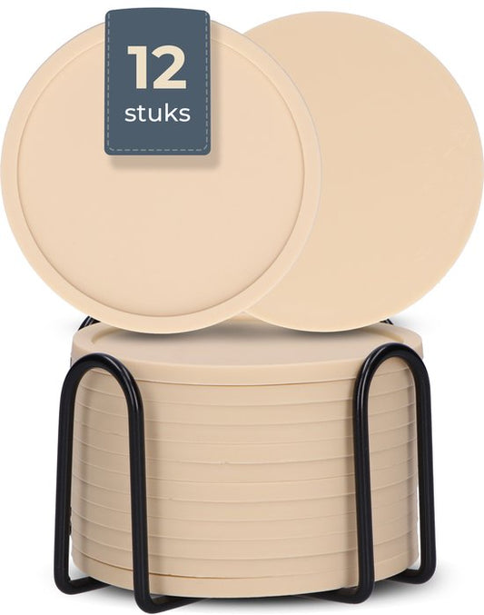 Castagnola Silikon-Untersetzer - Untersetzer für Gläser - Design-Untersetzer mit Halter - Untersetzer-Set - Anti-Rutsch - 12er-Set - Beige