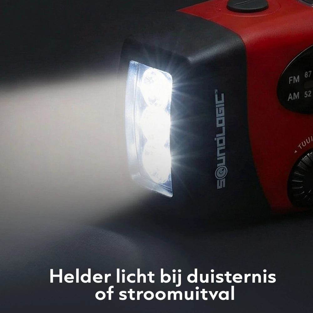 Soundlogic Solar-Notfallradio mit Handkurbel – Powerbank 2000 mAh, Taschenlampe und SOS-Funktion – Rot – 13 × 4,7 × 6,6 cm