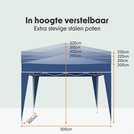 LifeGoods Party Tent Plus - Faltzelt - 3x3 m - Easy Up - Verstärkter Rahmen - Wasserdicht - Tragetasche - Blau