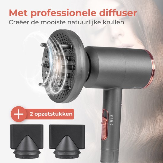 Nuvance - Haartrockner mit Diffusor - Inklusive 3 Aufsätze - 3 Hitze- und 2 Blasstufen - Haartrockner für Locken - Ionen-Haartrockner - Haartrockner