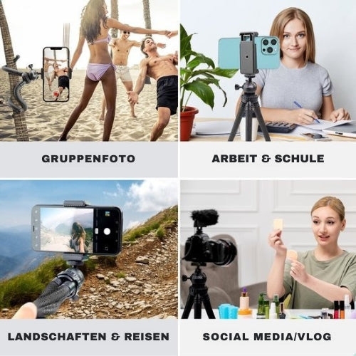 LURK® - 3 in 1 Flexibles Octopus-Stativ Stativ - für Smartphone & (Action-)Kamera - Inkl. Telefonklemme und Bluetooth-Fernbedienung - 25 cm