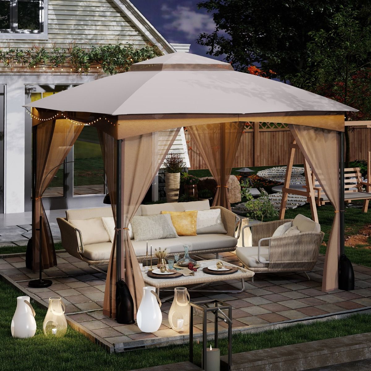 Coast Gartenpavillon – Doppeldach – Moskitonetz und Sandsäcke – Khaki 3 x 3 m
