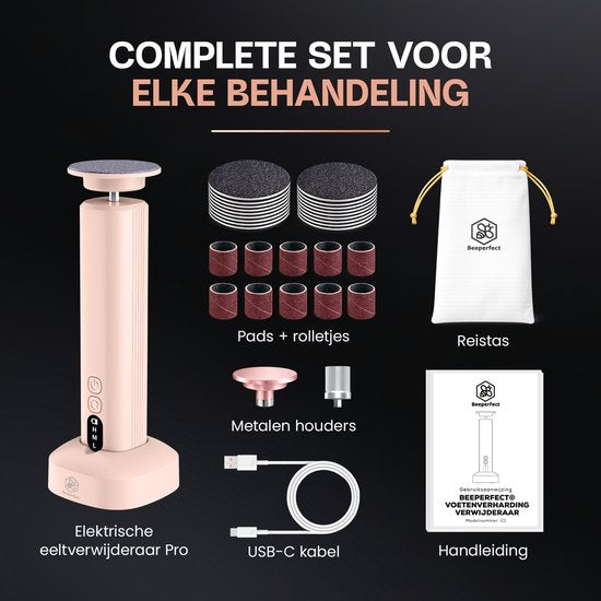 Beeperfect® Elektrischer Hornhautentferner Pro – Fußfeile – Hornhautfeile – 60 Hornhautscheiben und 20 Schleifrollen – Mit Ladestation