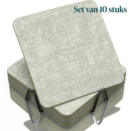 Castagnola Untersetzer aus Kunstleder – Untersetzer für Gläser – Design-Untersetzer mit Halter – Untersetzer-Set aus Kunstleder mit Metallhalter – Leder – 10er-Set – Grün meliert – 10 x 10 cm