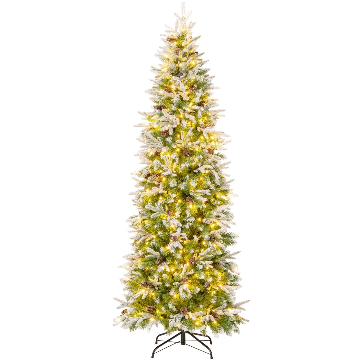 Coast Künstlicher Weihnachtsbaum 225 cm Grün/Weiß - Vorbeleuchtet mit Warm White LED - Scharnierkonstruktion - 913 Zweige - Mit Schnee und Tannenzapfen