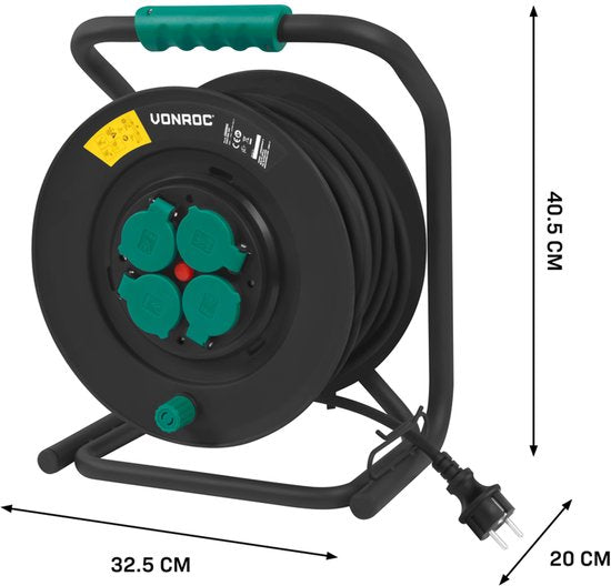 VONROC PRO Kabeltrommel 50m - IP44 - Neoprenkabel H07RN-F 3x1,5 mm² - 4 geerdete Schuko-Steckdosen - 3000W (abgerollt)/1100W (aufgerollt) - Feste Ader - Thermoschutz
