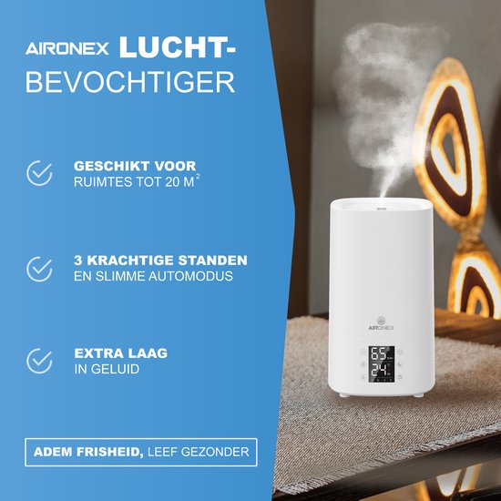 Aironex Luftbefeuchter 3.8 Liter - Topfill - Aroma - Luftbefeuchter - Luftbefeuchter - Geeignet für Wohnzimmer, Büro, Babyzimmer, Schlafzimmer