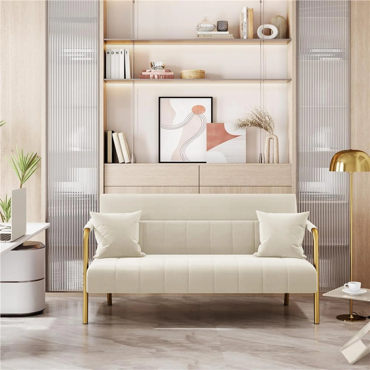 2-Sitzer-Stoffsofa mit Armlehnen und Metallbeinen, beige, 143,5 × 71,5 × 75,5 cm