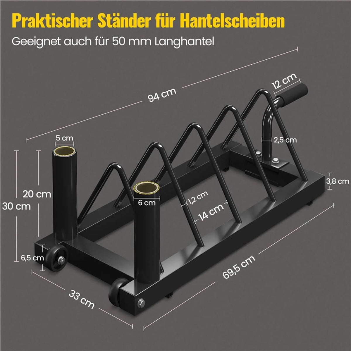 Yaheetech Halter Rack für Hanteln und Stangen - Ausgestattet mit 4 Ablagefächern und 2 Halterungen und Transportrollen - Für Olympische Hanteln und Gewichte - Schwarzes Metall - 94 x 33 x 30 cm