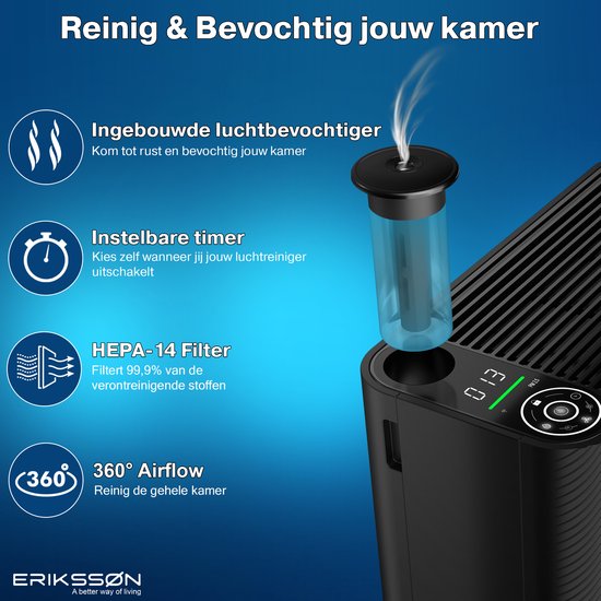 ErikssÃ˜n Luftreiniger mit Luftbefeuchter - Luftreiniger - 330 m3/h - Wirkt gegen Hausstaubmilben, Heuschnupfen, Allergie, Staub - Mit Hepa-Filter - 3 Modi + Schlafmodus - Luftqualitätsanzeige - Saubere Luft