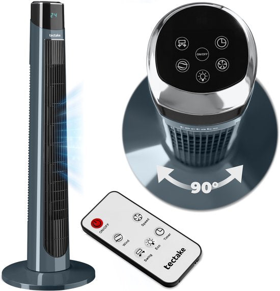 tectake® Turmventilator Arktis – Großer Standventilator mit Fernbedienung – 3 Stufen – Timer – 90°-Schwenkfunktion – Oszillierend – Lüfterflügel – Säulenventilator – Anthrazit