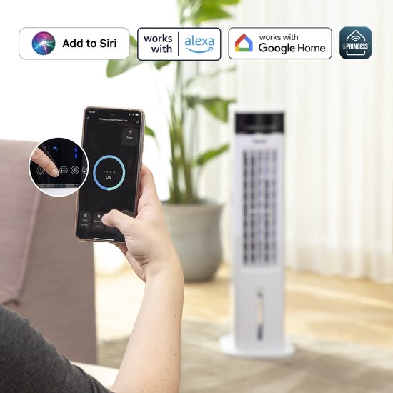 Princess Smart-Luftkühler mit App und Fernbedienung – Luftkühler ohne Schlauch – 3,5 l Wassertank – Oszillierender Ventilator mit Kühlfunktion – Mobiler Luftkühler für Schlafzimmer, Wohnzimmer, Büro – Weiß – Energieeffizient – Timer – 358640