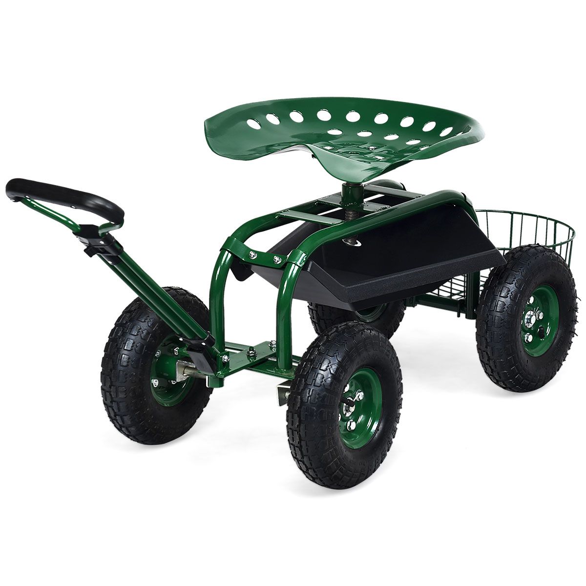 Coast Gartenwagen mit verstellbarem Griff – ergonomischer Sitz – Ablagekorb und Werkzeugkästen – grün