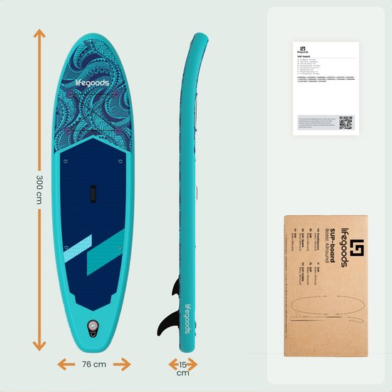 LifeGoods SUP Board All-round Compact - mit Sitz - 100 KG Tragfähigkeit - 300 x 76 cm - Aufblasbar - Komplettes SUP Paket - Blau