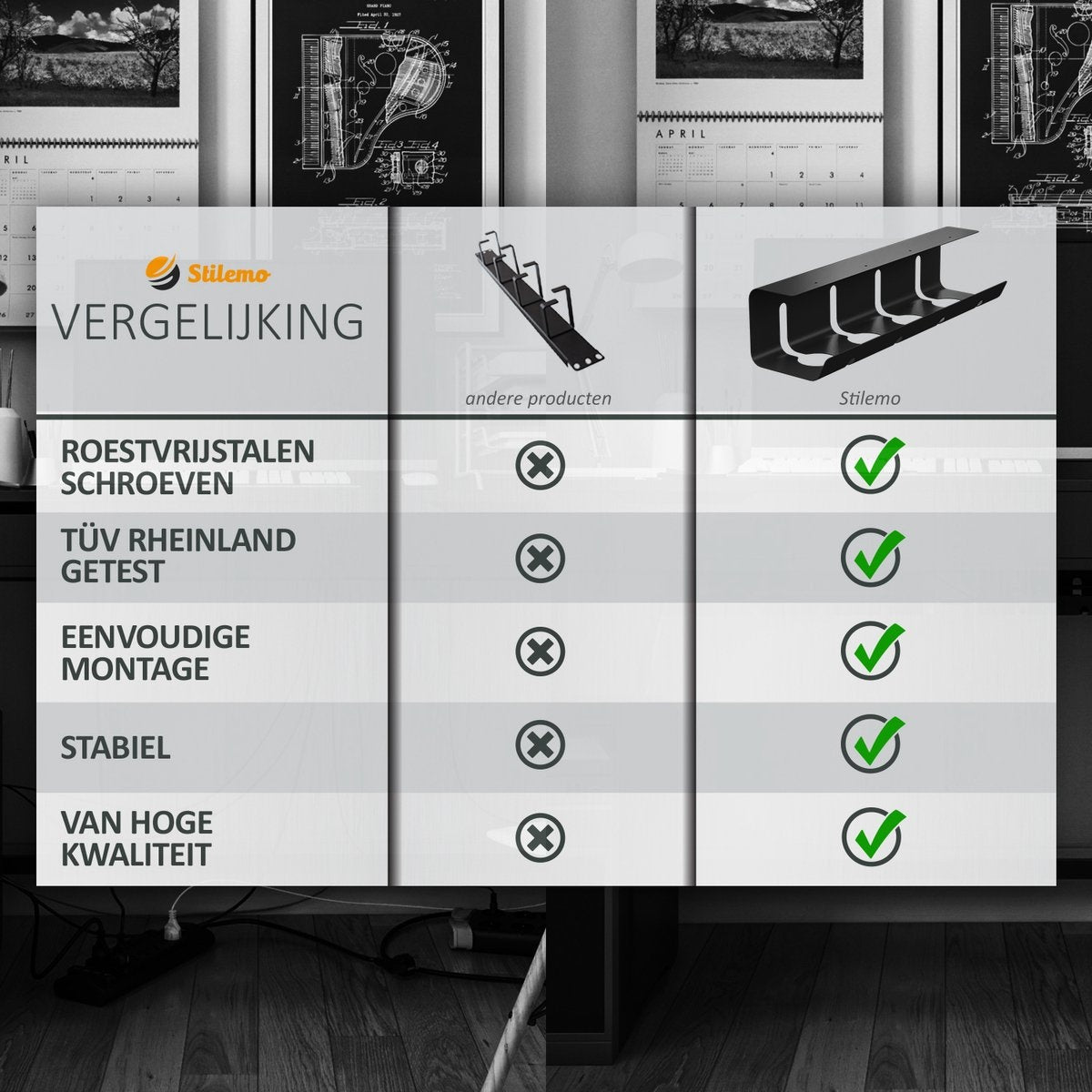 Stilemo Cable Tray Desk - Kabelhalter 43 CM - Kabelorganisator - Verschiedene Befestigungsmöglichkeiten - 5 KG Tragfähigkeit - Schwarz