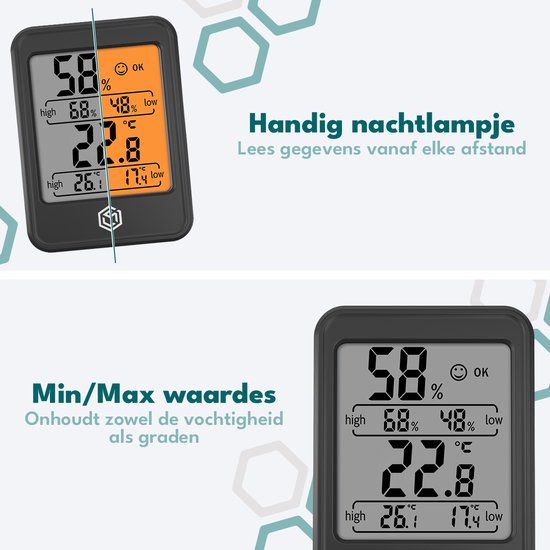 Ease Electronicz Hygrometer Min/Max - Luftfeuchtigkeitsmesser - Digitale Wetterstation - Luftfeuchtigkeitsmesser - Thermometer für Innenräume - Mit Beleuchtung