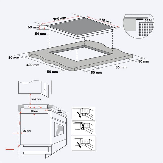 KitchenBrothers Induktionskochfeld - Einbau-Induktionskochfeld - 70 cm - 4 Zonen - 1x Flexzone - 1 und 2 Phasen - bis zu 2800W - Schwarz