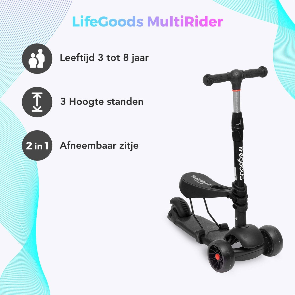 LifeGoods MultiRider Kids' Scooter - Stufe 3-8 Jahre - Verstellbarer Sitz - Leuchtende Räder - Jungen/Mädchen - Schwarz