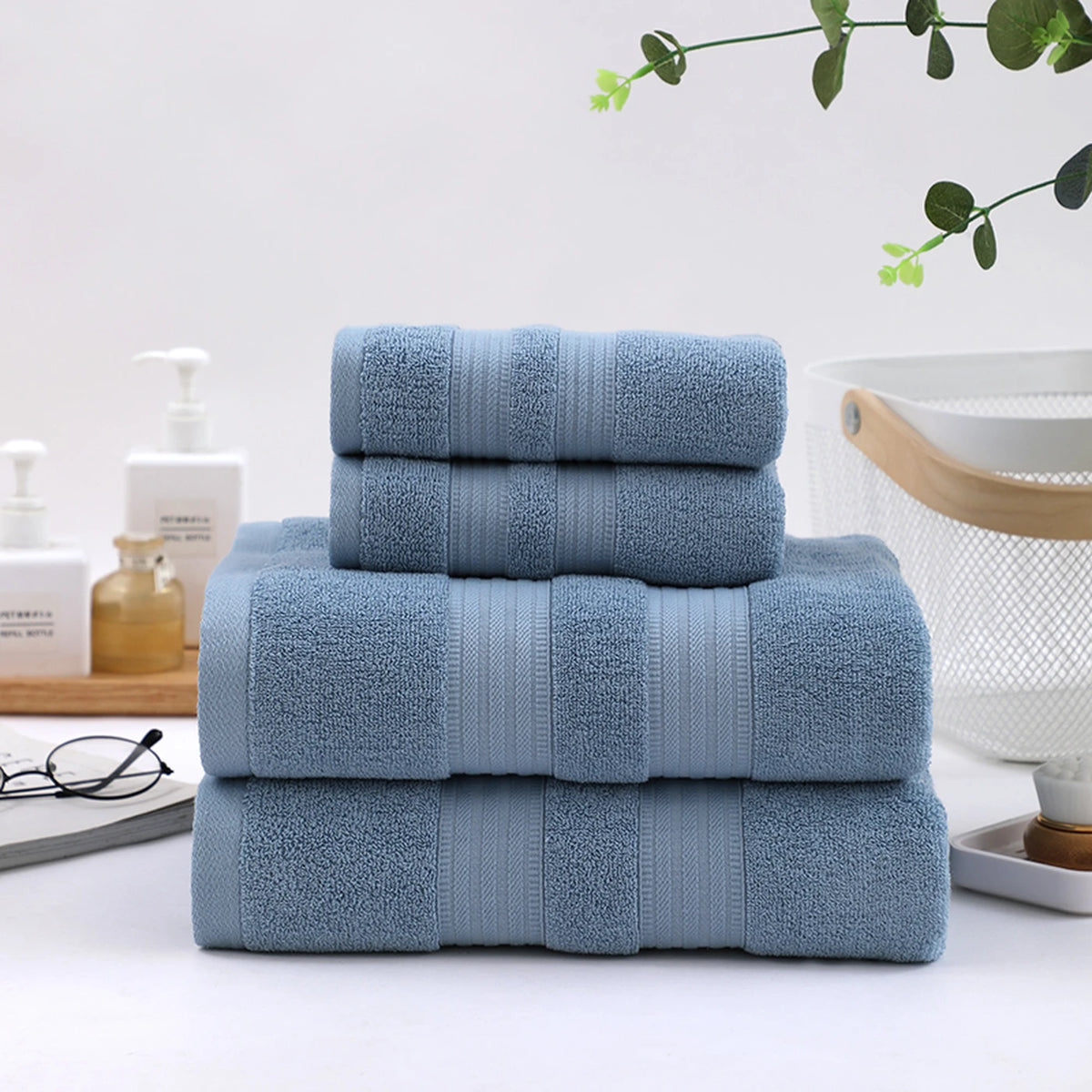 Tuqiang Badetuch-Set, 4er-Set – Blau – 100 % Baumwolle, gebürstetes Garn