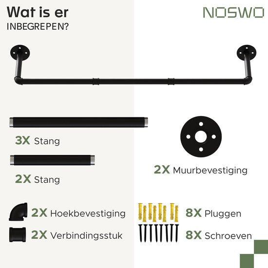 Noswo Wand-Kleiderständer - Hochwertiger Stahl-Kleiderständer - Kleiderständer - Hängeregal - Garderobenstange - 112 x 23,6 CM - Schwarz