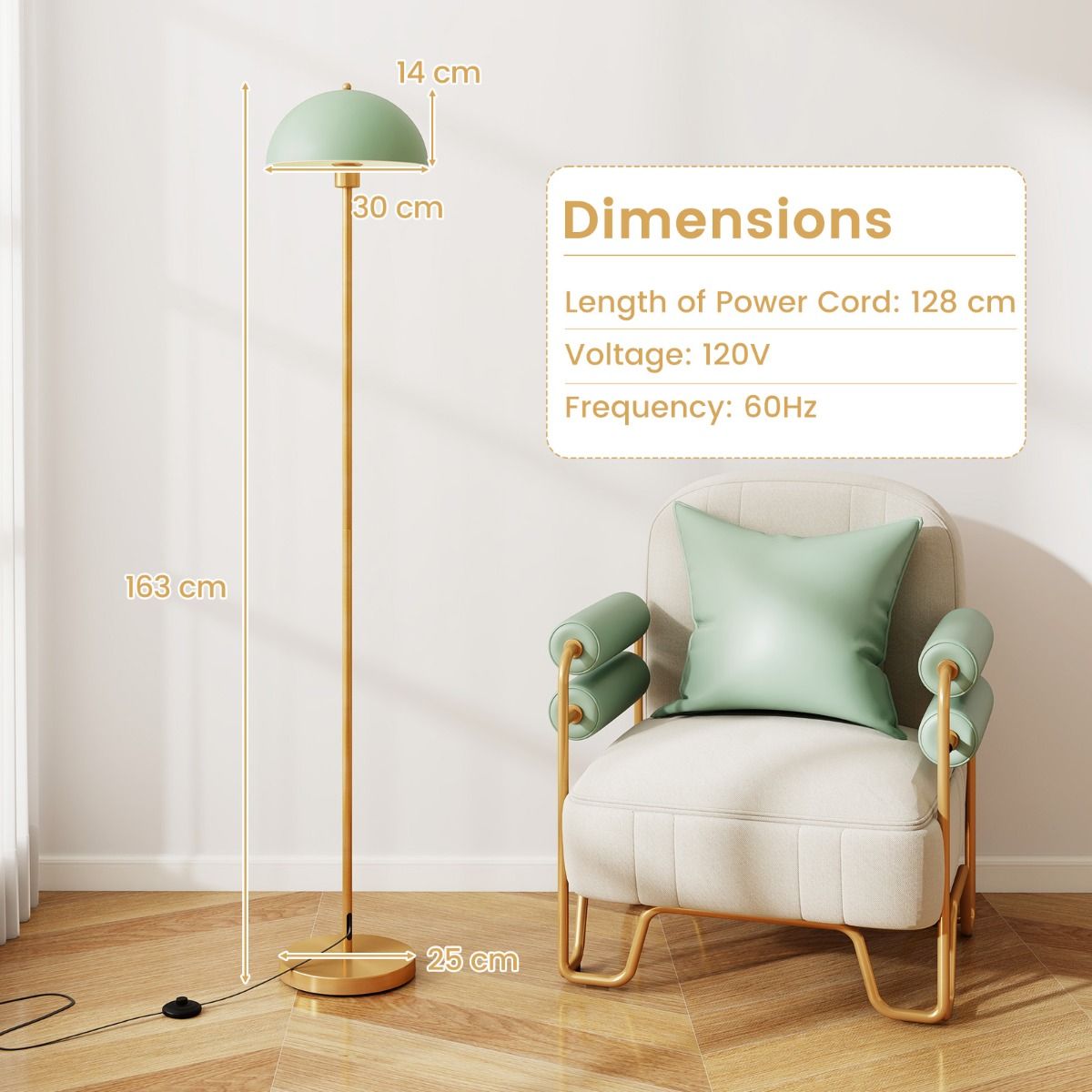 Coast Stehlampe – verstellbarer Lampenkopf – bruchsicherer Lampenschirm – gold, grün und weiß – 163 cm