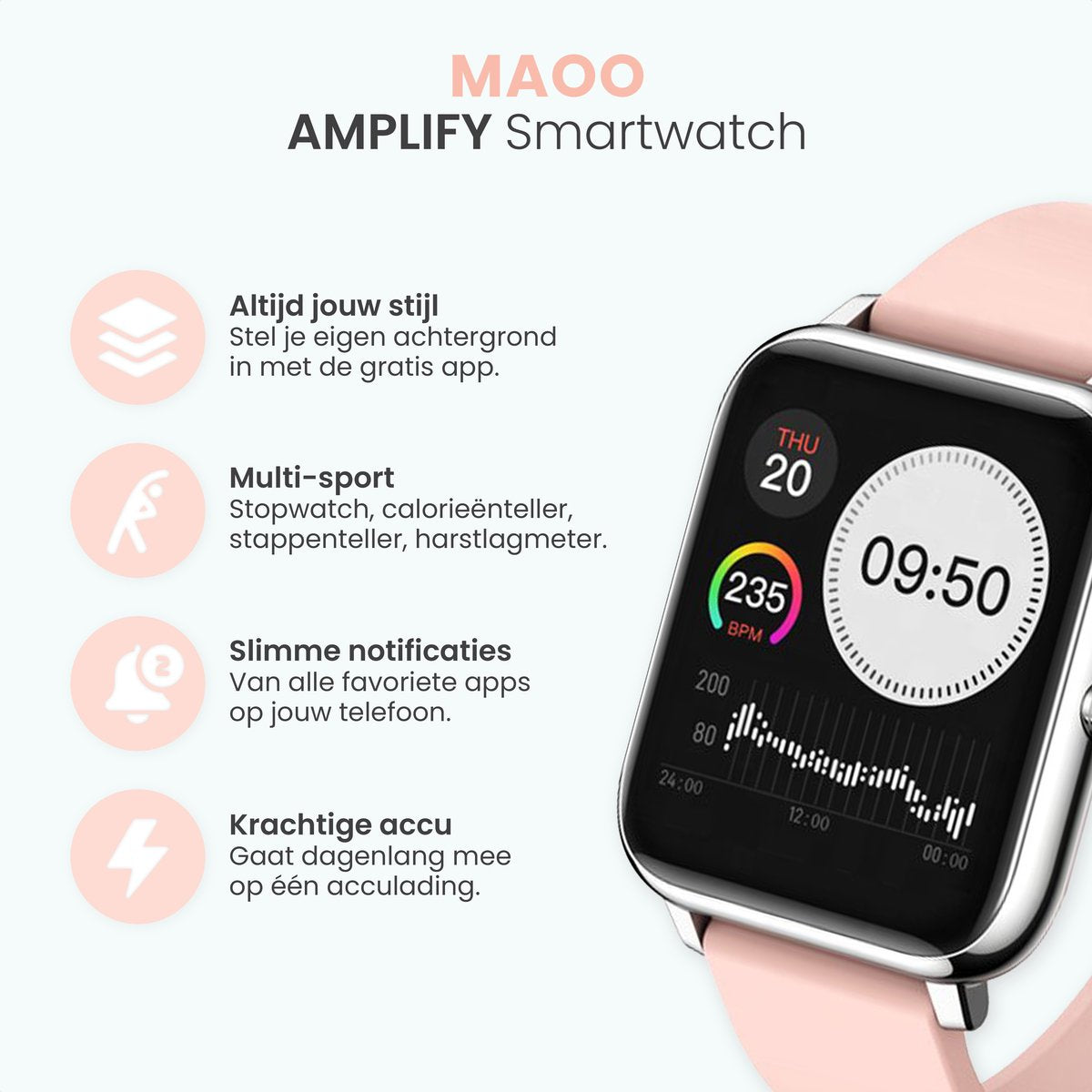 MAOO AMPLIFY Smartwatch - Inkl. Bildschirmschutz - Herzfrequenz, Blutdruck, Blutsättigung, Schlaf, Entfernung - Schrittzähler - Smartwatch Damen - Uhr - Weihnachtsgeschenk - Pink