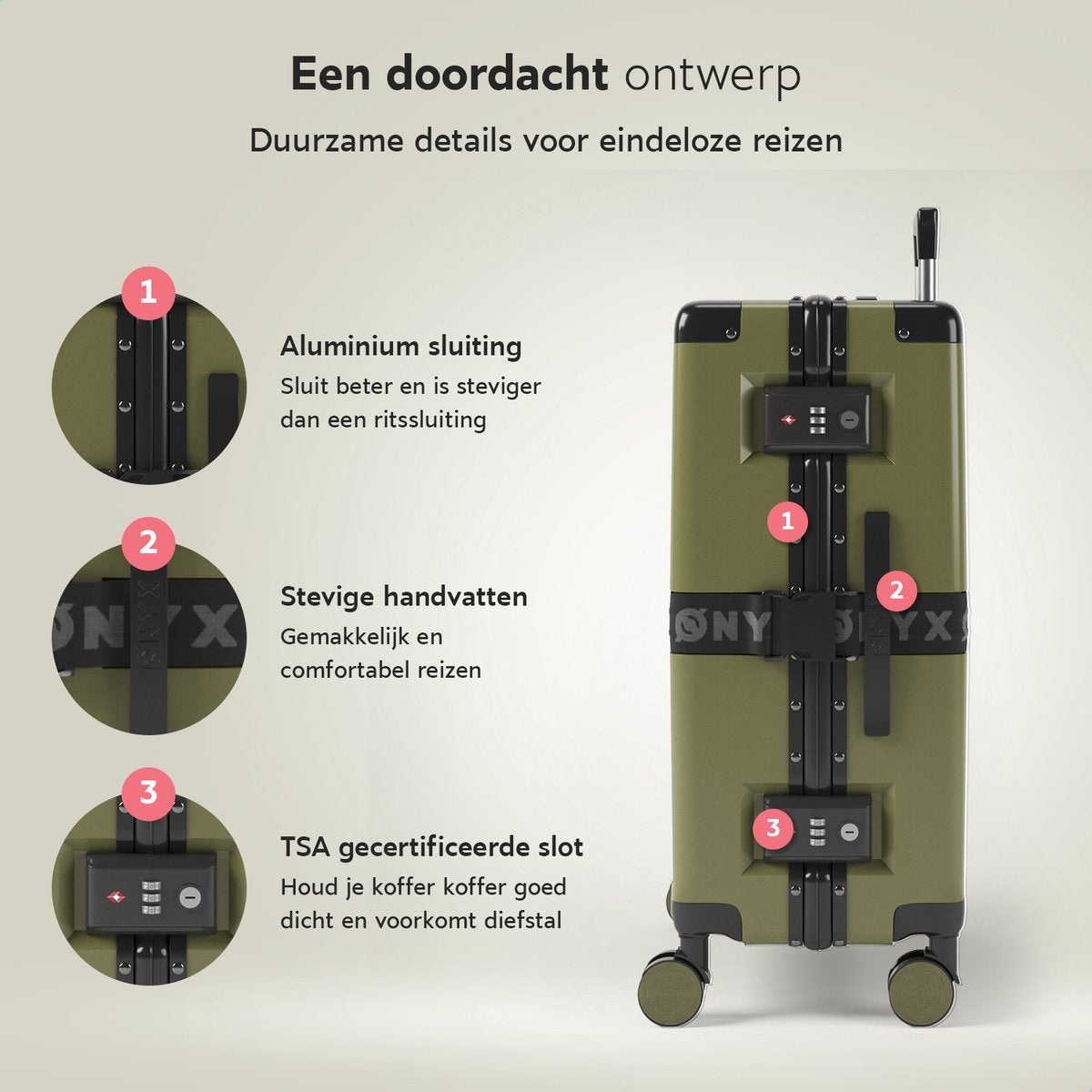 ONYXÂ® Check-in Koffer 65L - TSA-Schloss - Spinner-Räder - Leichter Trolley - Aluminiumverschluss - Olivgrün