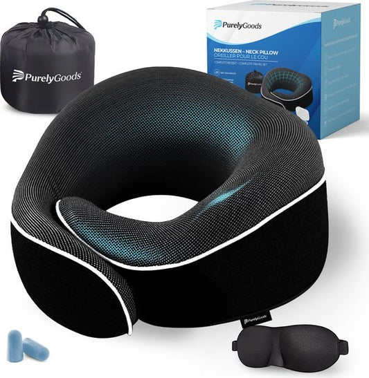 PurelyGoods® Nackenkissen - Luxuriöses Reisekissen-Set - Memory Foam - Flugzeug & Auto - Schwarz - inkl. Schlafmaske und Ohrstöpsel