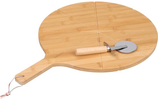 Excellent Houseware Pizzabrett mit Pizzaschneider - Bambus - 38 cm - doppelseitig - Pizzabrett