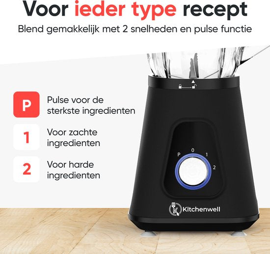 Kitchenwell Mixer - Leistungsstarker 1300 Watt Smoothie Mixer - 1,5 Liter - Glaskrug - 3 Ständer - Inklusive Sportbecher - Edelstahl/Schwarz