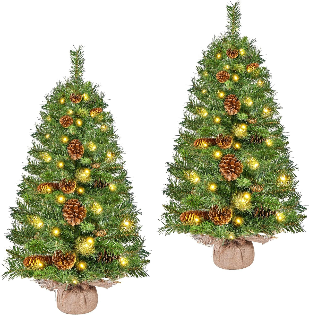 Yaheetech Kunstweihnachtsbaum – 2er-Set – 91,5 cm – 50 warmweiße LEDs – Tannenzapfen – Grün