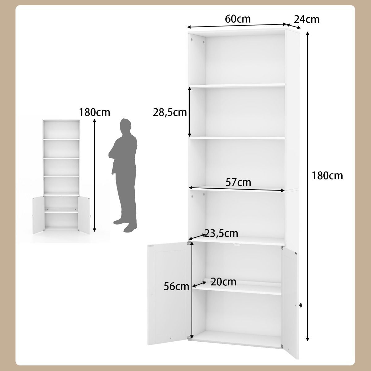 Coast Freistehendes Bücherregal - 6 Fachböden - 2 Türen - 60 x 24 x 180 cm - Weiß