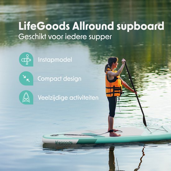 LifeGoods SUP Board All-round Compact - 100 KG Belastbarkeit - 300 x 76 cm - Aufblasbar - SUP-Komplettpaket - Mintgrün