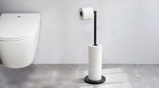 WENKO Toilettenpapierhalter 2-in-1, schwarz, Stahl – Halter für Ersatzrollen – Freistehender Toilettenpapierhalter – Stand-Toilettenpapierhalter – Schwarz