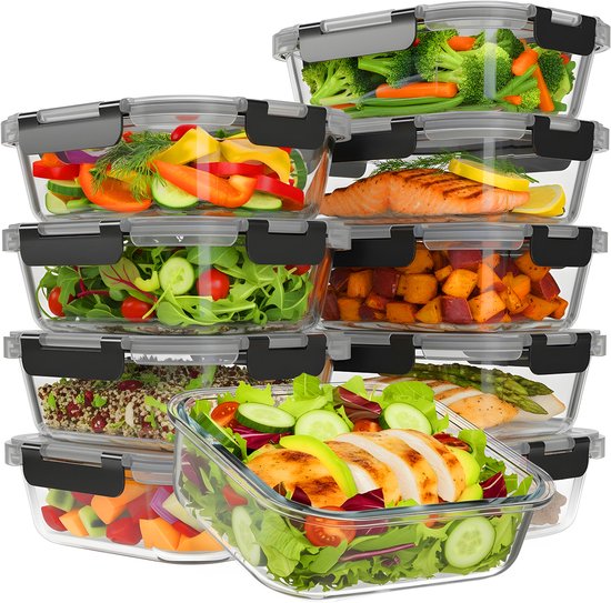 KitchenBrothers Mahlzeit Vorbereitung Tabletts - Glas Frische Tabletts - luftdicht - BPA und PFAS frei - 1L - Glas - 10 Stück