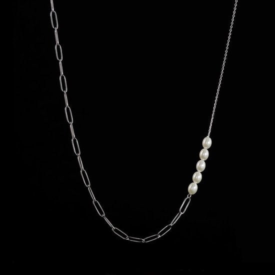Laura Ferini Damenhalskette Perla Silber - Asymmetrische Gliederkette aus Silber mit Perlen - 18K Weißgold vergoldet - Halskette - Halskette - Schmuck - Accessoires - Damenhalskette mit Perlen