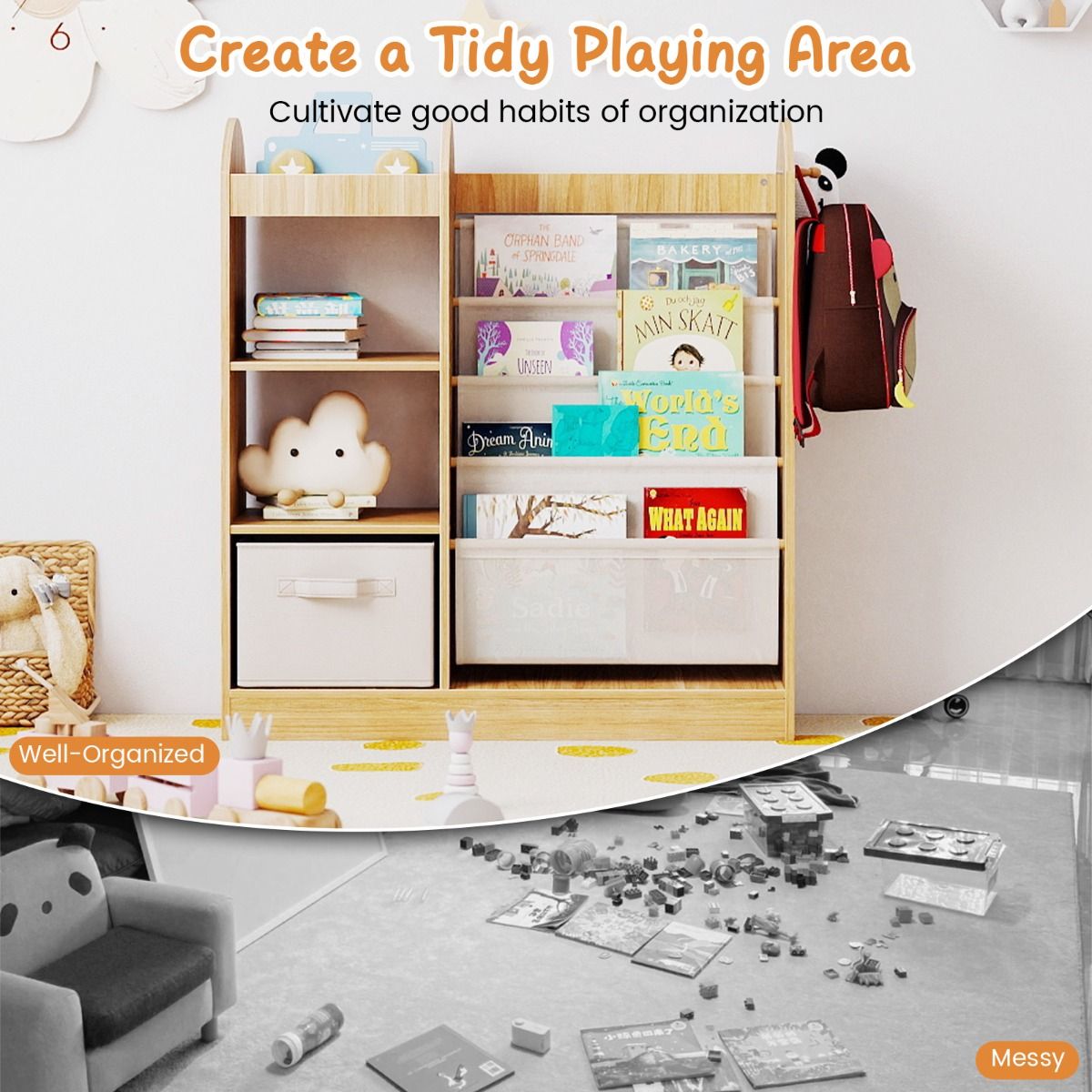 Coast Kinderbücherschrank mit Ganzkörperspiegel – 4-stöckiges Bücherregal, Stoffschublade und Haken – Naturfarben – 87,5 x 30 x 90 cm