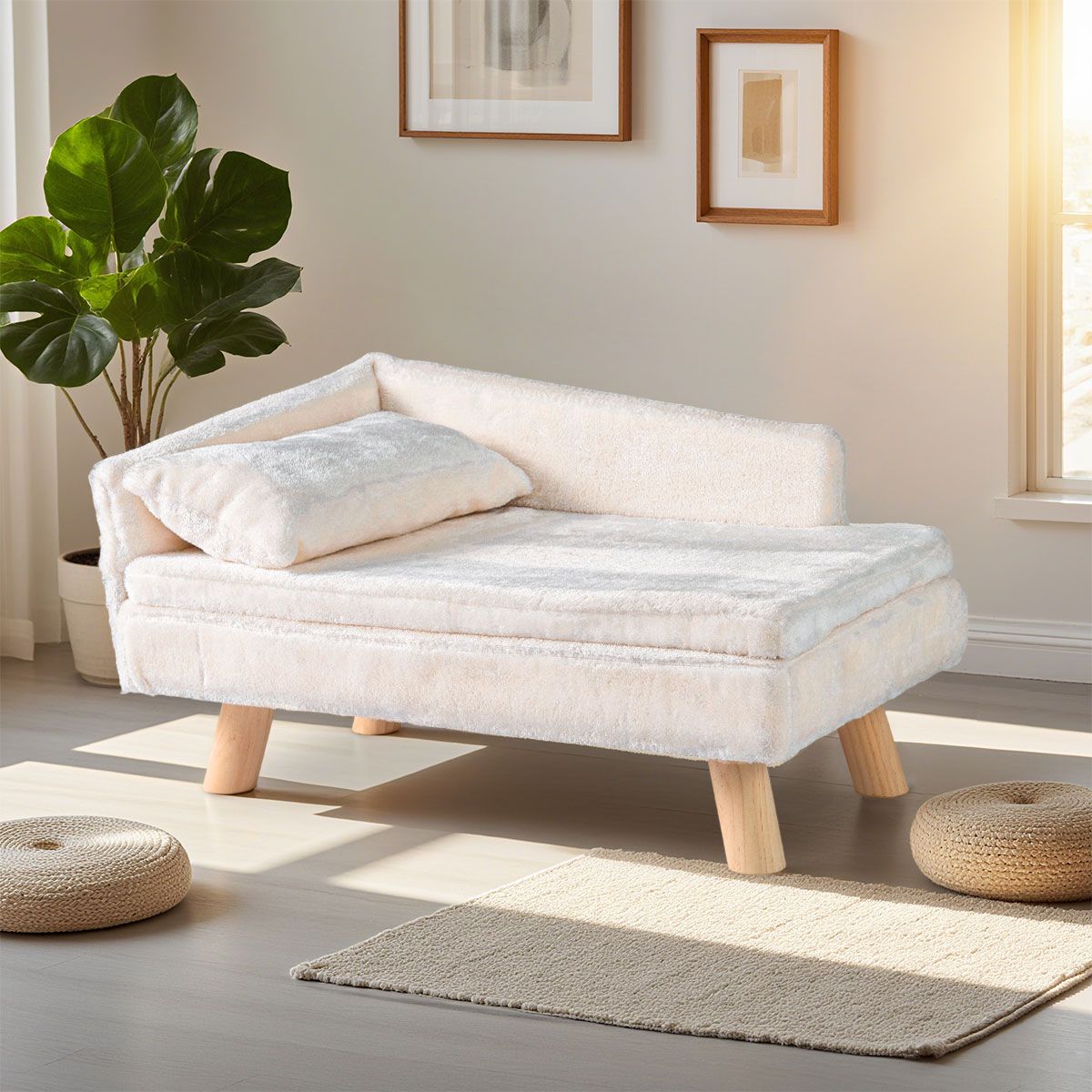 Coast Erhöhtes Haustierbett – halbrunde Rückenlehne – abnehmbares Kissen – beige – 71 x 43 x 40 cm