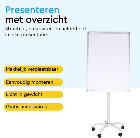 BRASQ Flipover Mobile - 70x100 cm - Verstellbares Whiteboard - Inklusive 25 Blatt Papier, 4 Marker, 8 Magnete, Radiergummi - Flipover mit Büroklammer und Haken - Magnetische Tafel - Magnetische Tafel - Weiß