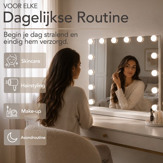 Lumirex Hollywood-Spiegel 58 x 46 cm – Make-up-Spiegel mit Beleuchtung – 15 LED-Lampen – dimmbar – 3 Lichtfarben – Smart Touch – Netzstrom – Visagie-Spiegel – Weiß