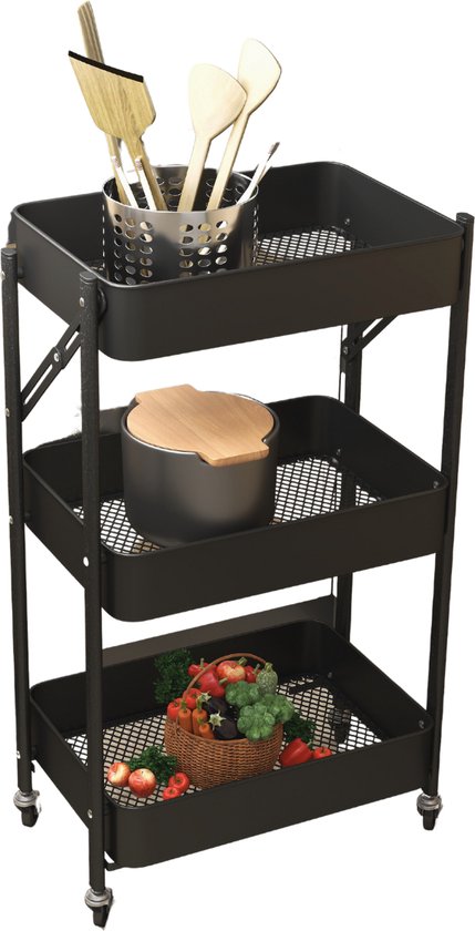O'DADDY® Küchenwagen zusammenklappbar - 3 Lagen - Servierwagen auf Rädern - Küchenwagen - Rollbarer Tisch - Aufbewahrungswagen - Aufbewahrungswagen - Küchenregal - Schwarz