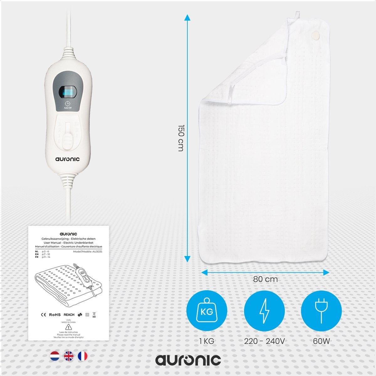 Auronic Elektrische Heizdecke - 1 Person - 150x80cm - mit Eckgummis - Weiß