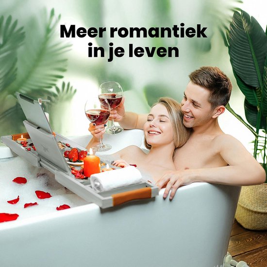RelaxTub® Badewannenbrett - Badewannenbrett für die Badewanne - Badewannenregal - Verstellbar - Rutschfest - Badewannenbrett Grau - Badewannenbrett Holz - Badewannenregal mit Buchhalter, Tablet-Halter & Spiegel