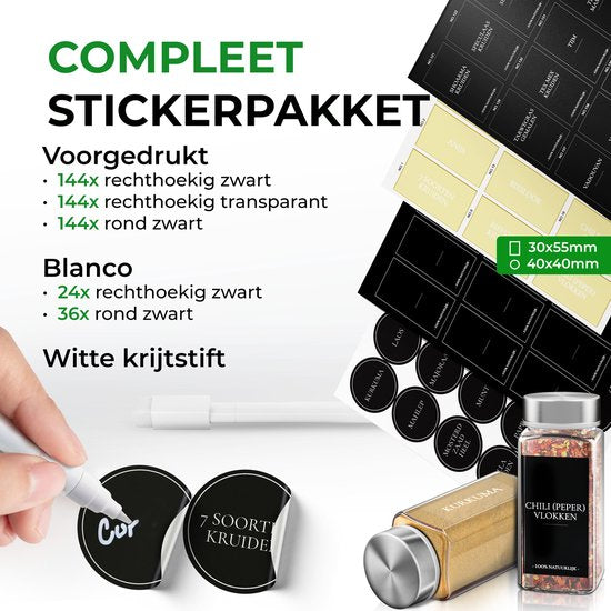Soothe 36 Glasgewürzdosen quadratisch mit Edelstahldeckel - 2 Arten von Streudeckeln - Gewürzstreuer - Gewürzdosen - Komplettset inkl. Gewürzsticker, Kreidestift und Zubehör - 120ml
