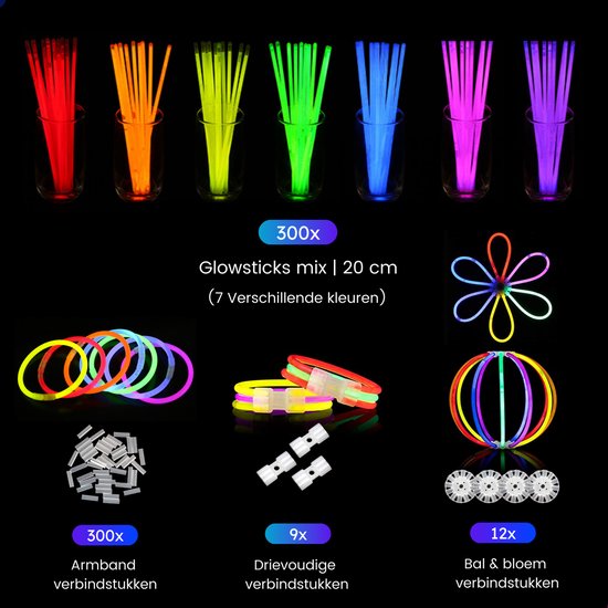 Partizzle 300 Stück Glow in the Dark Sticks - Extra Thick - Incl. Glowsticks Connectors - Breaking Sticks - Neon Karneval Party Artikel - Geburtstag Neujahr Party Dekorationen - 7 Farben