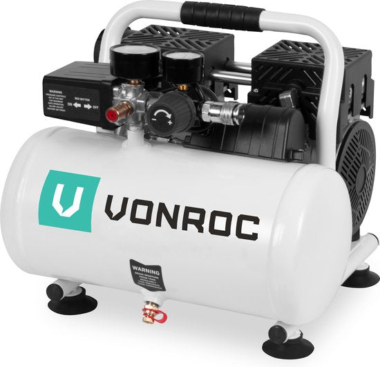 VONROC PRO Silent Compressor - Ölfrei - 750W - 1HP - 128 l/min. - 6 Liter - 8 Bar - 57,5dB(A) - Geräuschlos - Geräuscharm - Weiß
